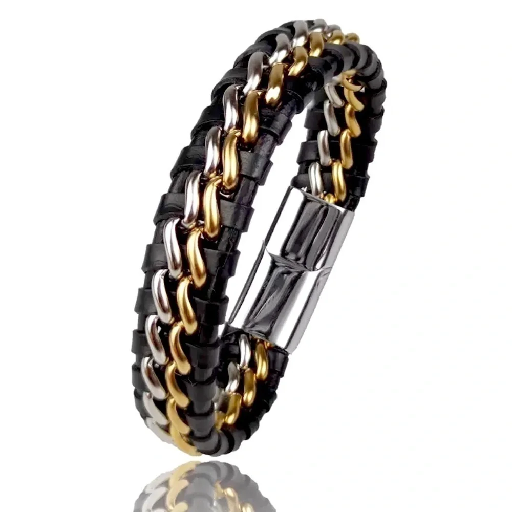 🧑🏻‍🦱Os9🧑🏻‍🦱 gorgeous genuine braided leather titanium mens unisex bracelet.